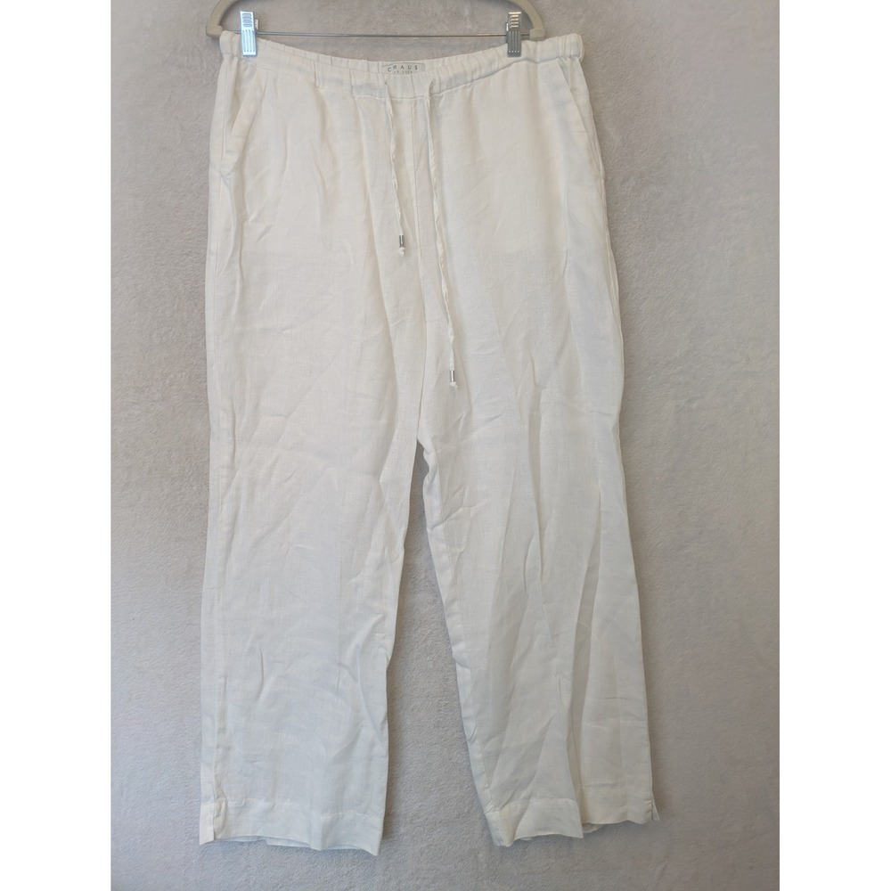 Chaus Pants Women's Large White 100% Linen Drawstring High Rise Wide Leg